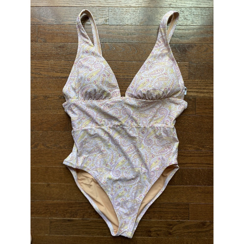 J Crew Lavender Paisley Tie Back One Piece Swimsuit 12 Eco Plunge V Neck